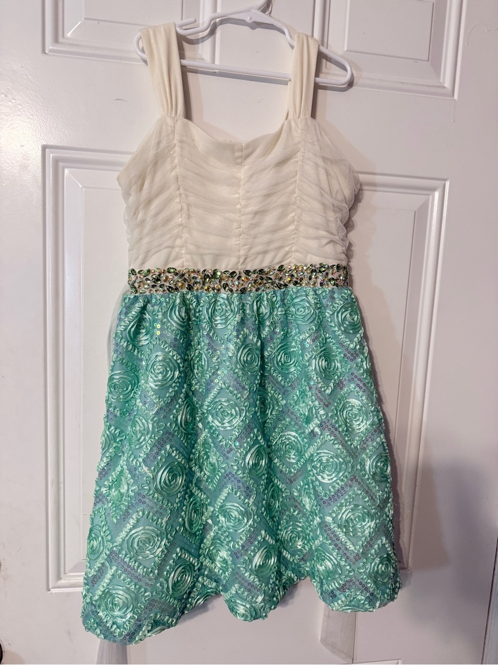 Rare Editions Ivory Bodice Mint Rosette Dress with Jeweled Waist